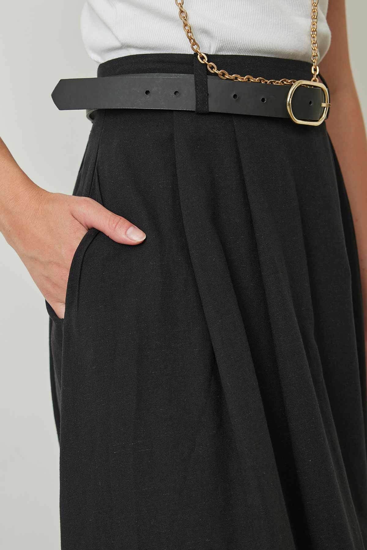 Hooopstore-Black Linen Pleated Skirt 4