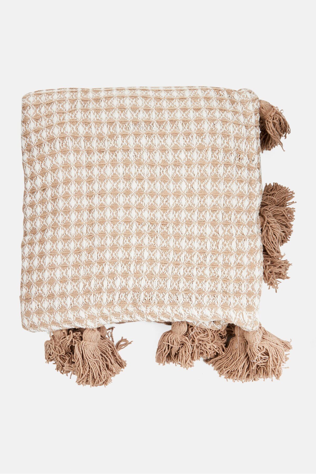 homedeco-Plaid Fringed Waffle Throw, 150 x 125 cm, Tan/White 1