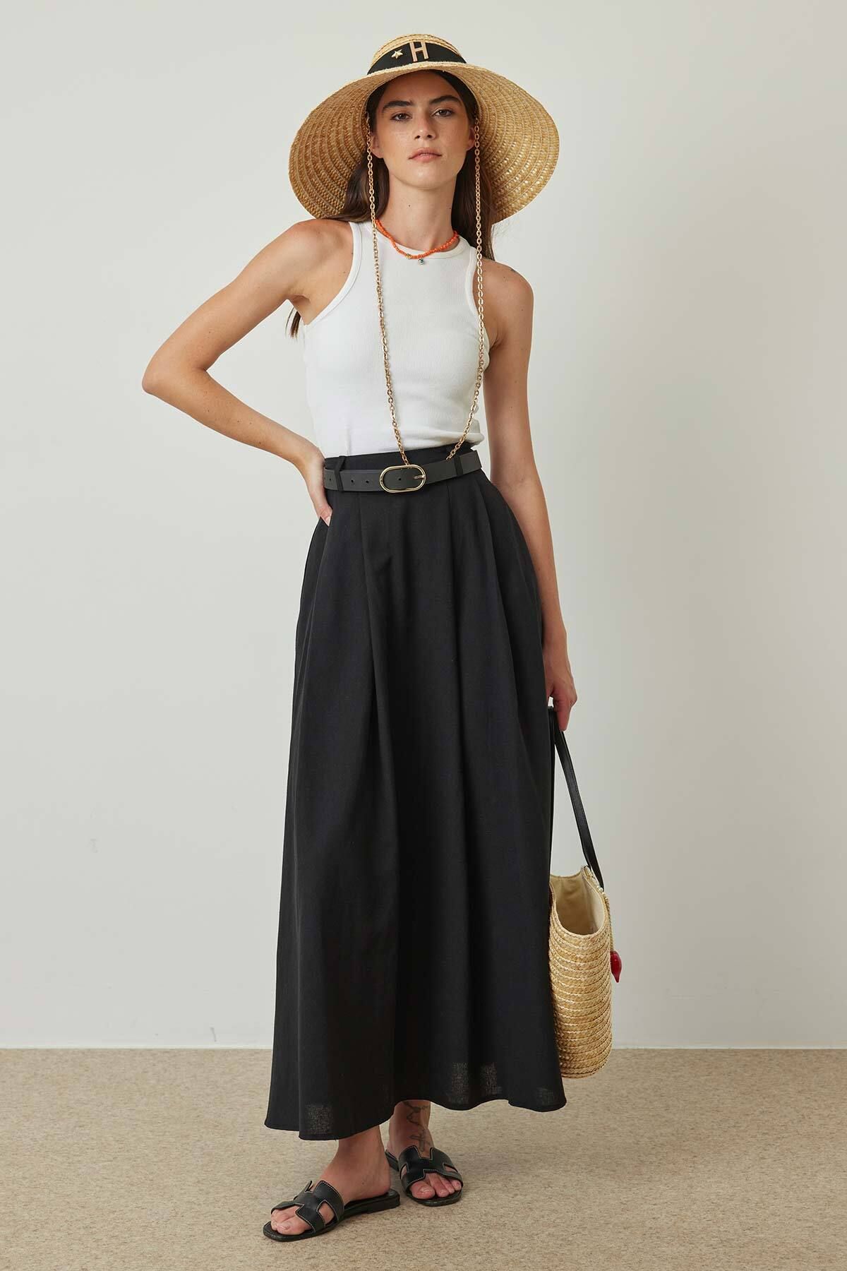 Hooopstore-Black Linen Pleated Skirt 2