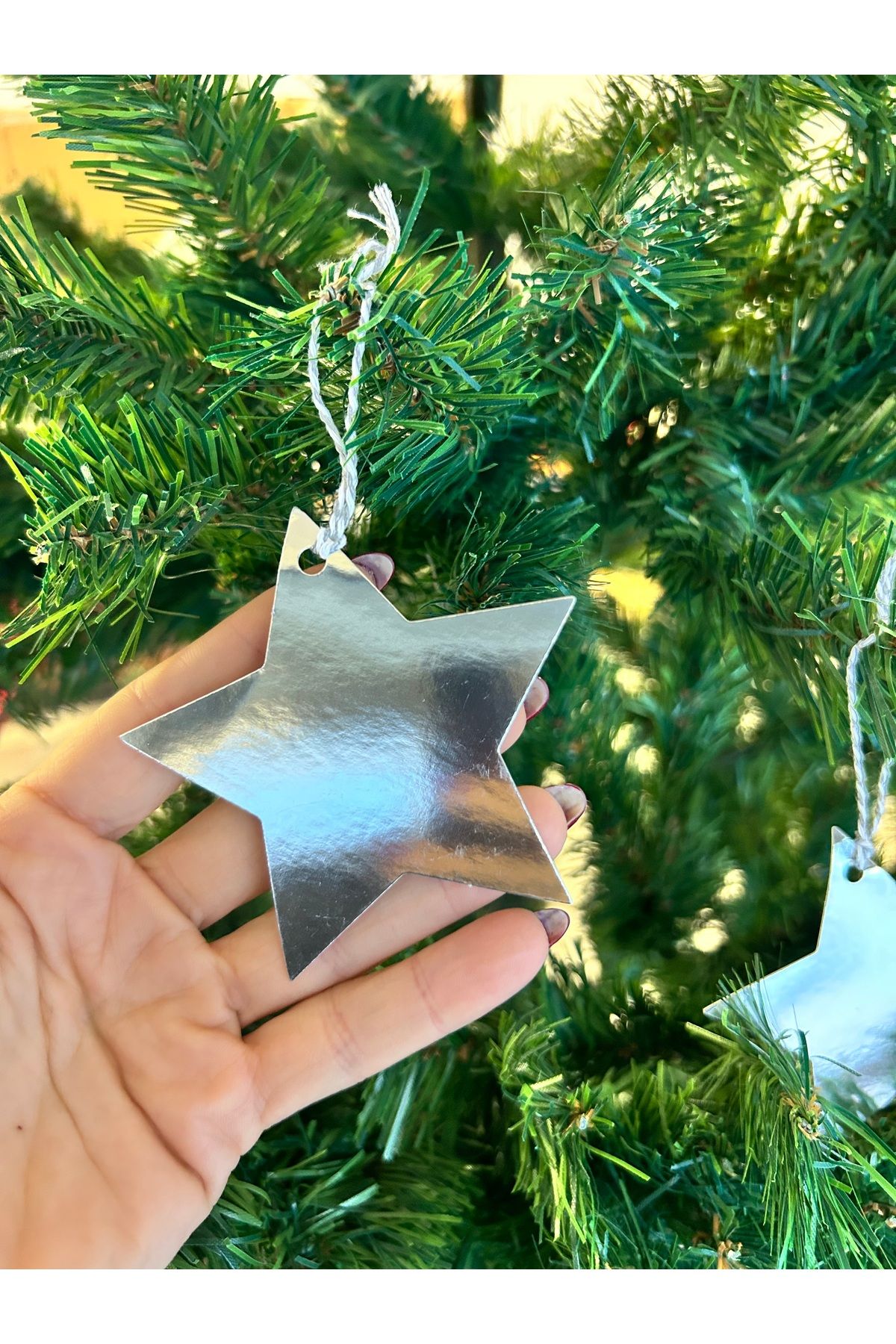 Partifabrik-New Year's Christmas Silver Star Shaped Tree Ornament with 6Pcs Drawstring 9cm 4