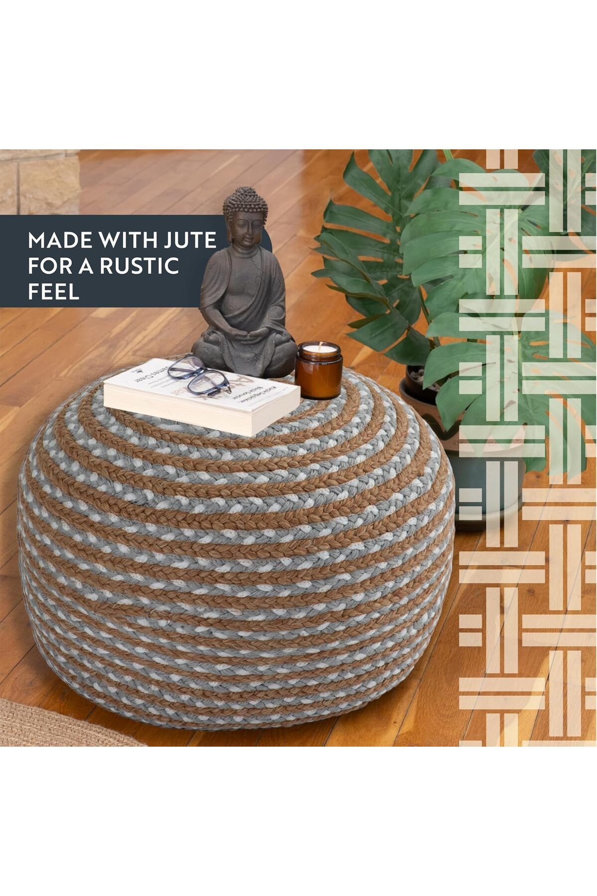 dekorist-Runder osmanischer Pouf Fußhocker Jute Pouffe Hocker Sitzkissen Boho Home Decor Extra Sitzgelegenheit P 2