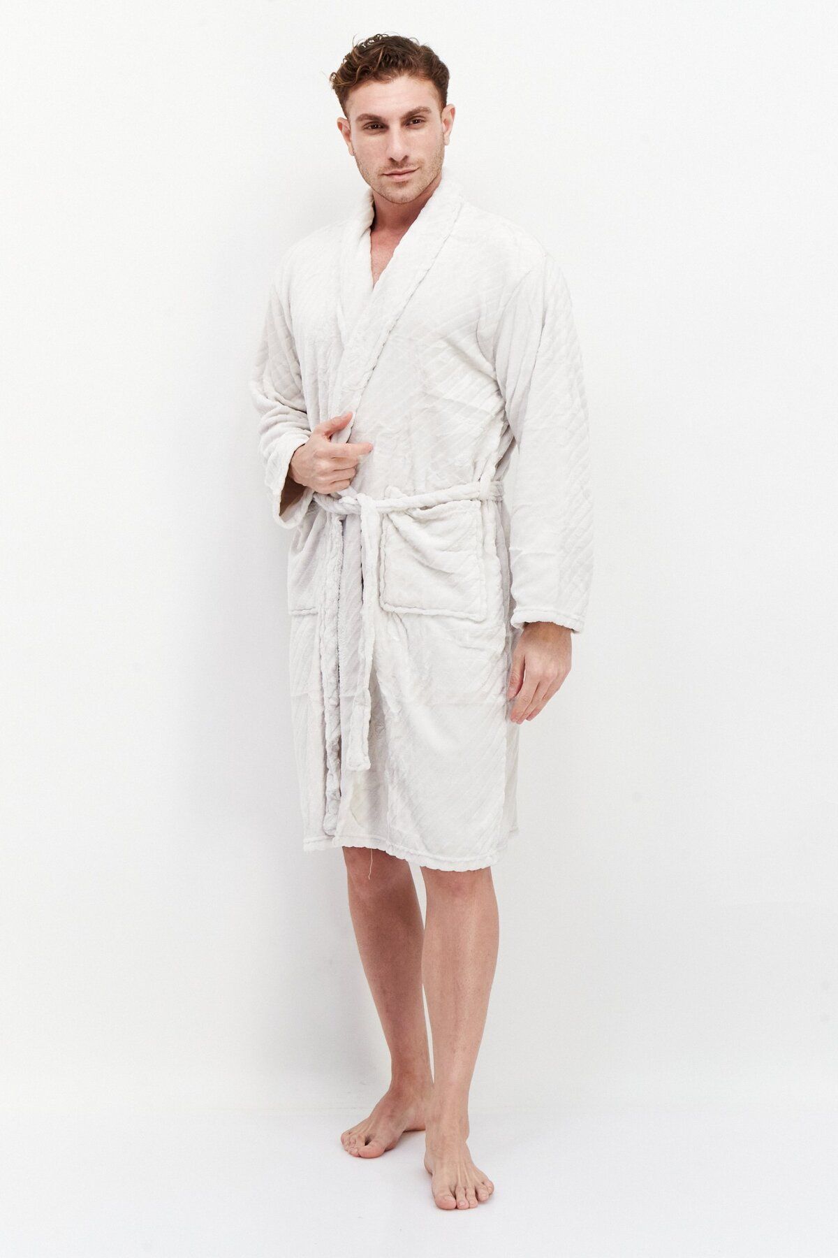 BEBEHOME-Men Fleece Bathrobe, Light Grey 4