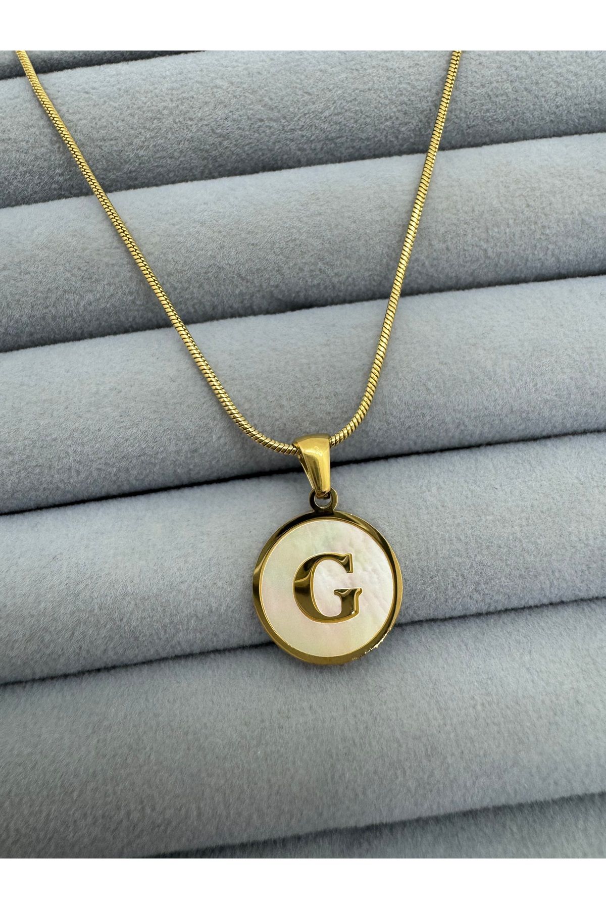 SEZİNİN TAKI DÜKKANI-G Letter Embroidered Necklace on Steel Mother of Pearl 2