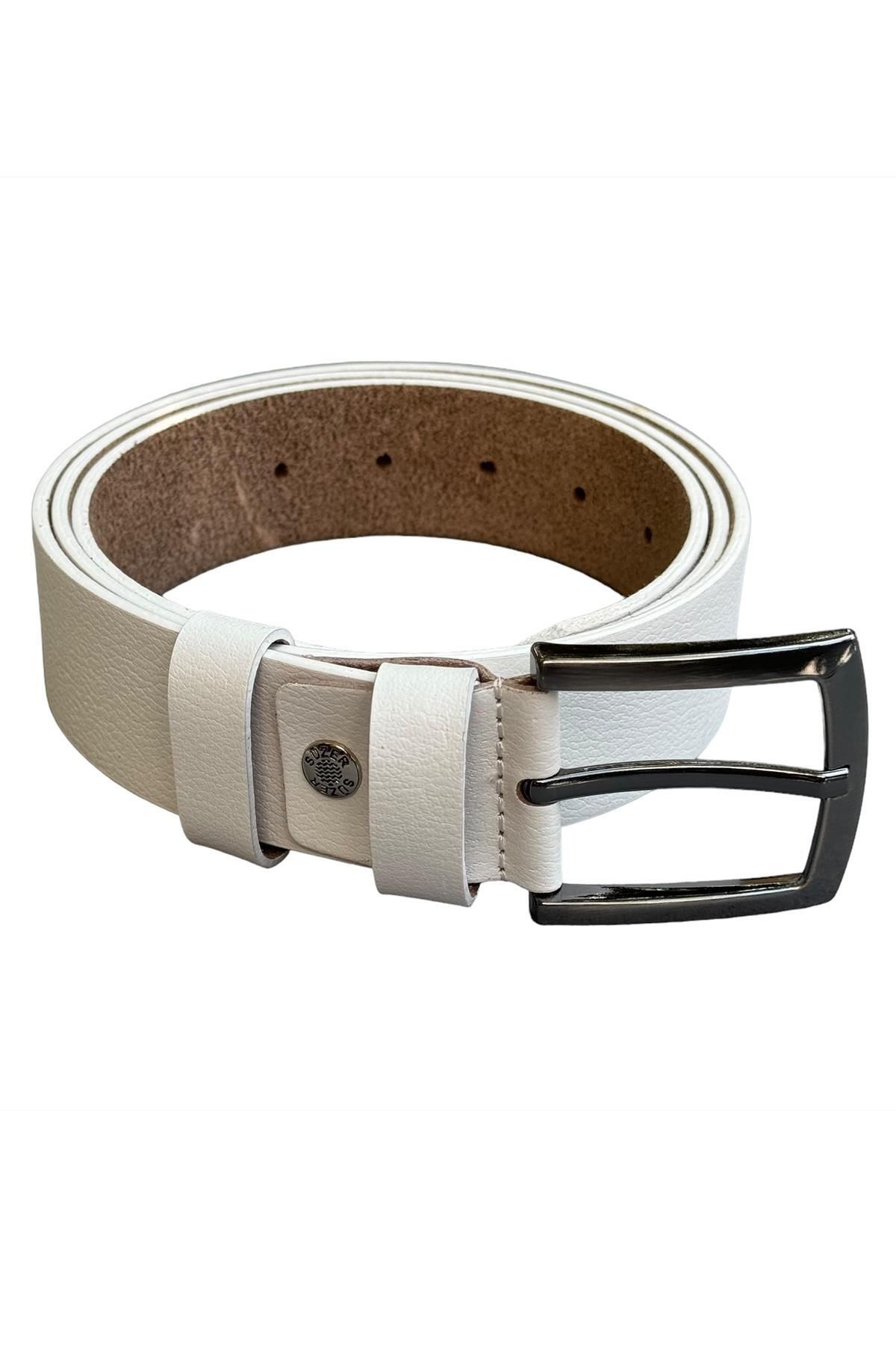 Süzer Deri-4 cm White Genuine Leather Vein Patterned Sports Belt - 416-Plain 3