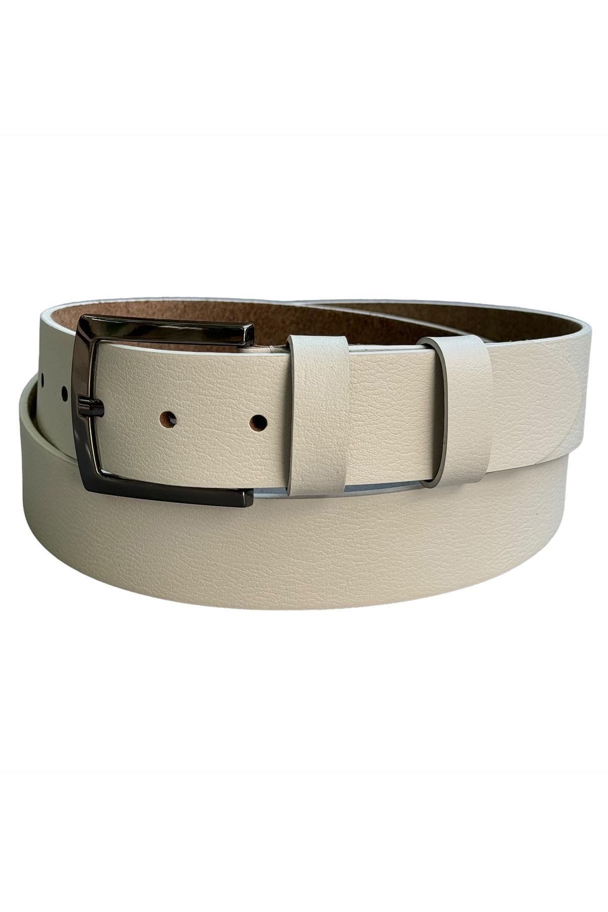 Süzer Deri-4 cm White Genuine Leather Vein Patterned Sports Belt - 416-Plain 2