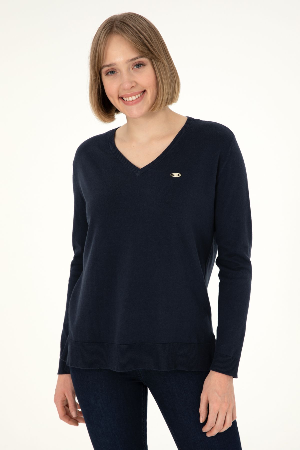 U.S. Polo Assn.-Women's Navy Blue V-Neck Basic Sweater 50288973 -Vr033 1