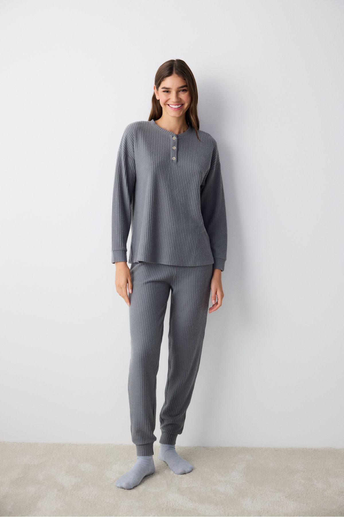 Penti-Dark Grey Waffle Tmavě šedé kalhoty Pyžamový set 1