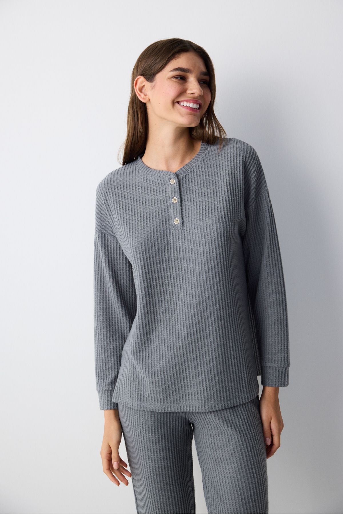 Penti-Dark Grey Waffle Tmavě šedé kalhoty Pyžamový set 3