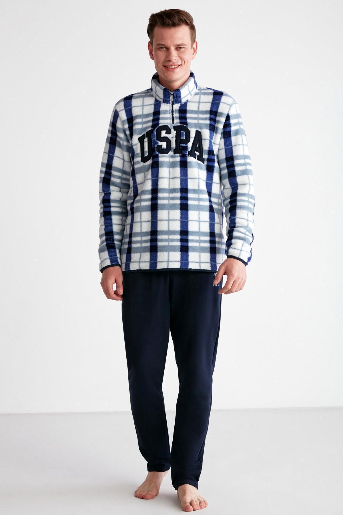 U.S. Polo Assn. Üst %100 Polar Boğazlı Yarım Fermuarlı, Alt Pamuklu Alt Cepli ve Düz Renk Kışlık Erkek Pijama Takım