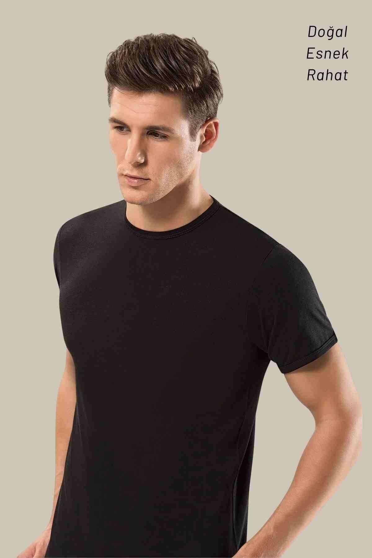 ERDEM İÇ GİYİM-Weweus Men's Black Super Thin Natural Bamboo T-Shirt 1130 5