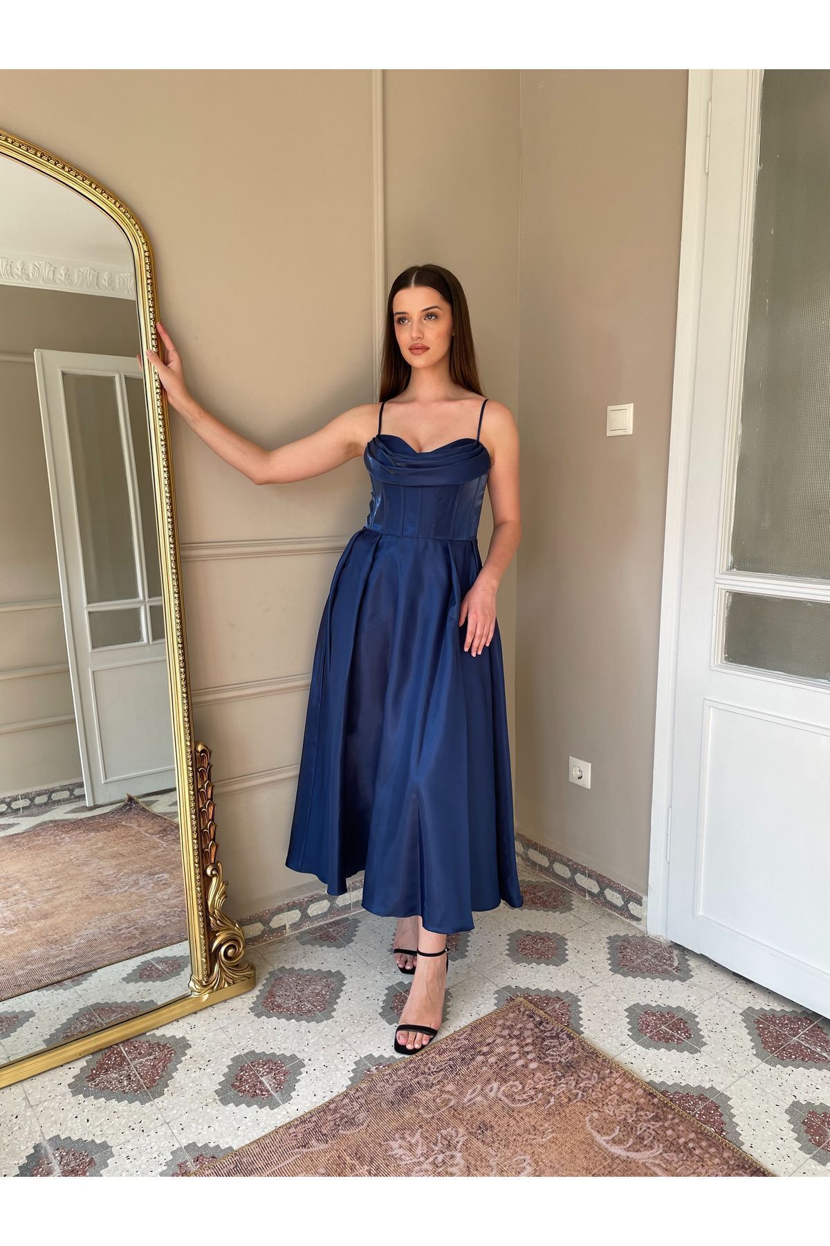 Seri Organze Saten Midi Boy Askılı Elbise Düğün Nişanlık Mezuniyet