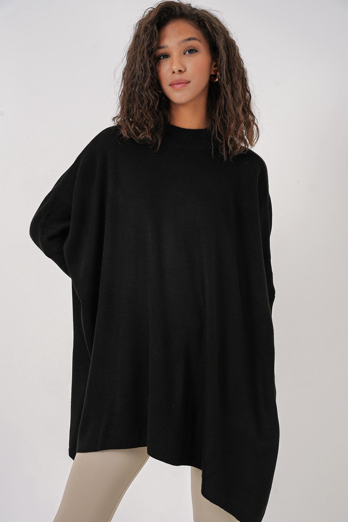 Bigdart-15783 Slit Poncho Sweater - Black 5