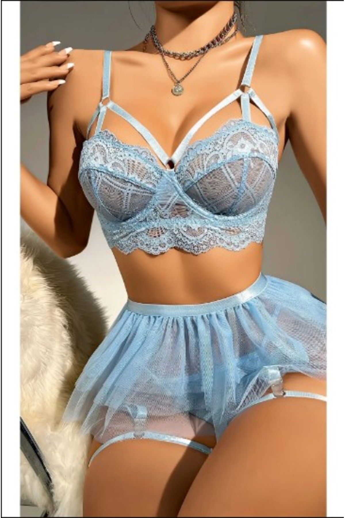 GİYİMX-Women's Blue Chest Rope Detailed Bralet Skirt Fancy Underwear Set 3