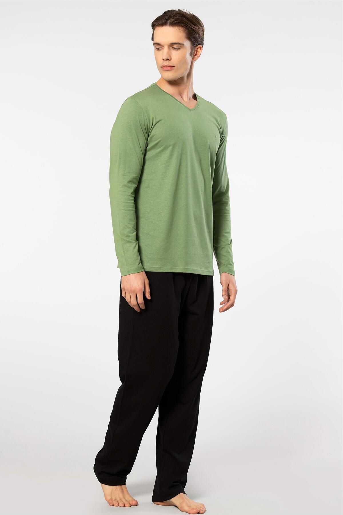 Cacharel-Men's V-Neck Long Sleeve Pajamas Set - 50% Modal and 50% Cotton with Bottom Sleepwear Pockets 2