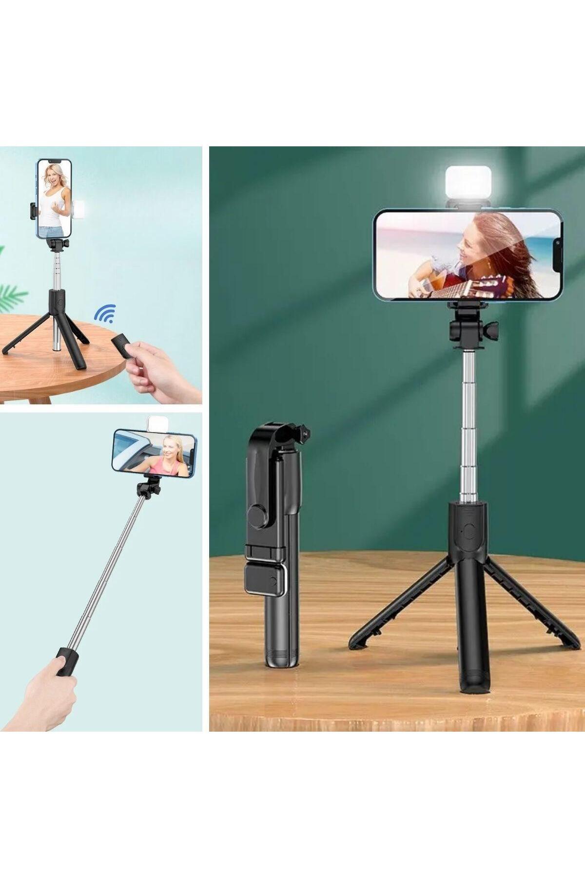 Go İthalat Kendiliğinden Işıklı Masaüstü Tripod Olabilen Telefon Tutuculu Kablosuz Kumandalı Selfie Çub