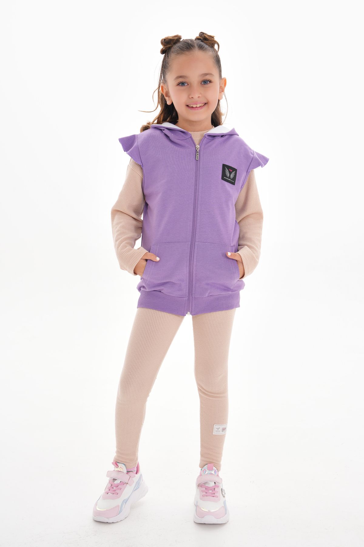 ROBA KIDS-Girls, Cotton 2-Thread, Accessory Detail, Ruffle Sleeve, Kangaroo Pocket, Hooded Vest Rb-0090 2