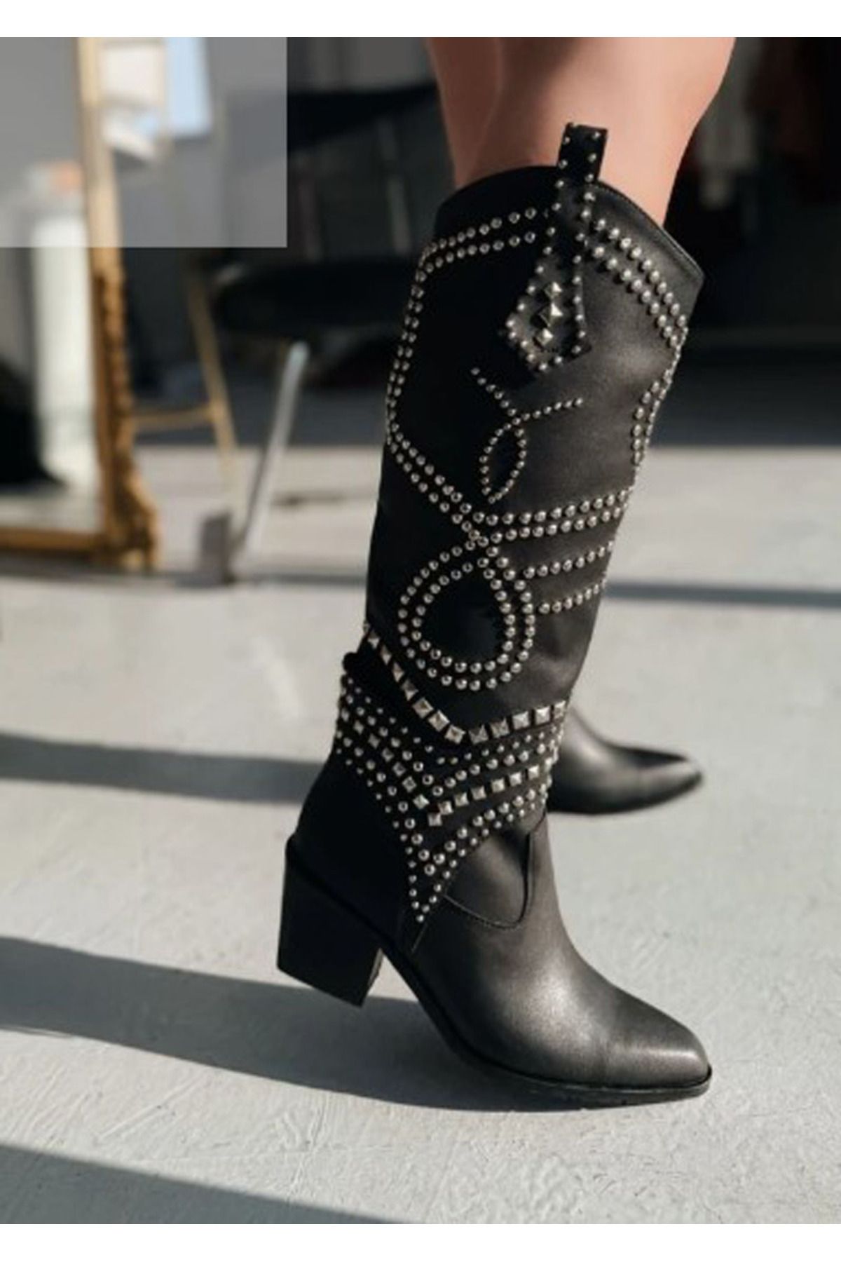 Afilli-Afili Women - Black Studded Stylish Long Cowboy Boots with Pointed Toe and Over-The-Knee Chunky Heel 2