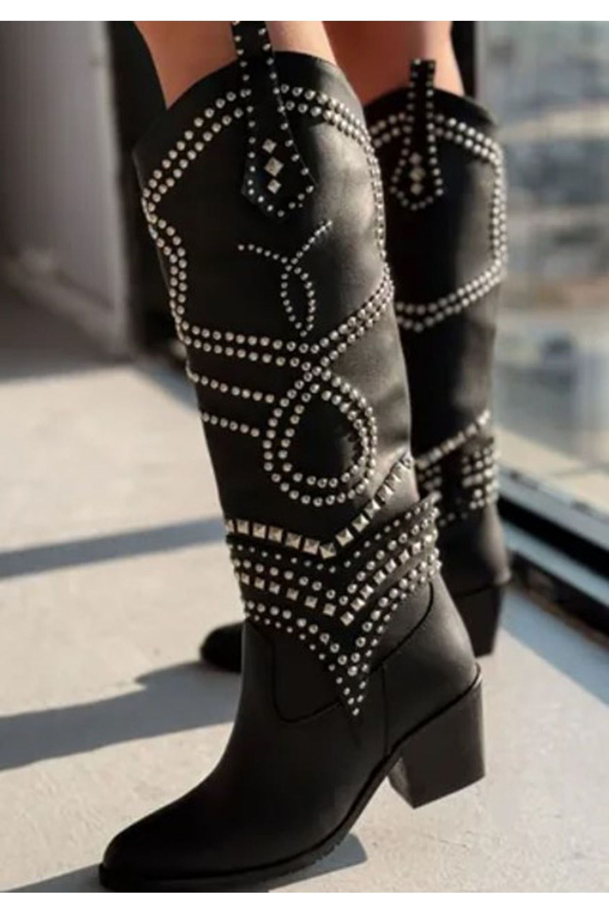 Afilli-Afili Women - Black Studded Stylish Long Cowboy Boots with Pointed Toe and Over-The-Knee Chunky Heel 3