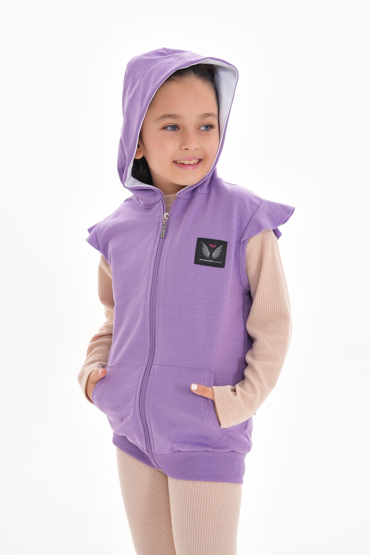 ROBA KIDS-Girls, Cotton 2-Thread, Accessory Detail, Ruffle Sleeve, Kangaroo Pocket, Hooded Vest Rb-0090 5