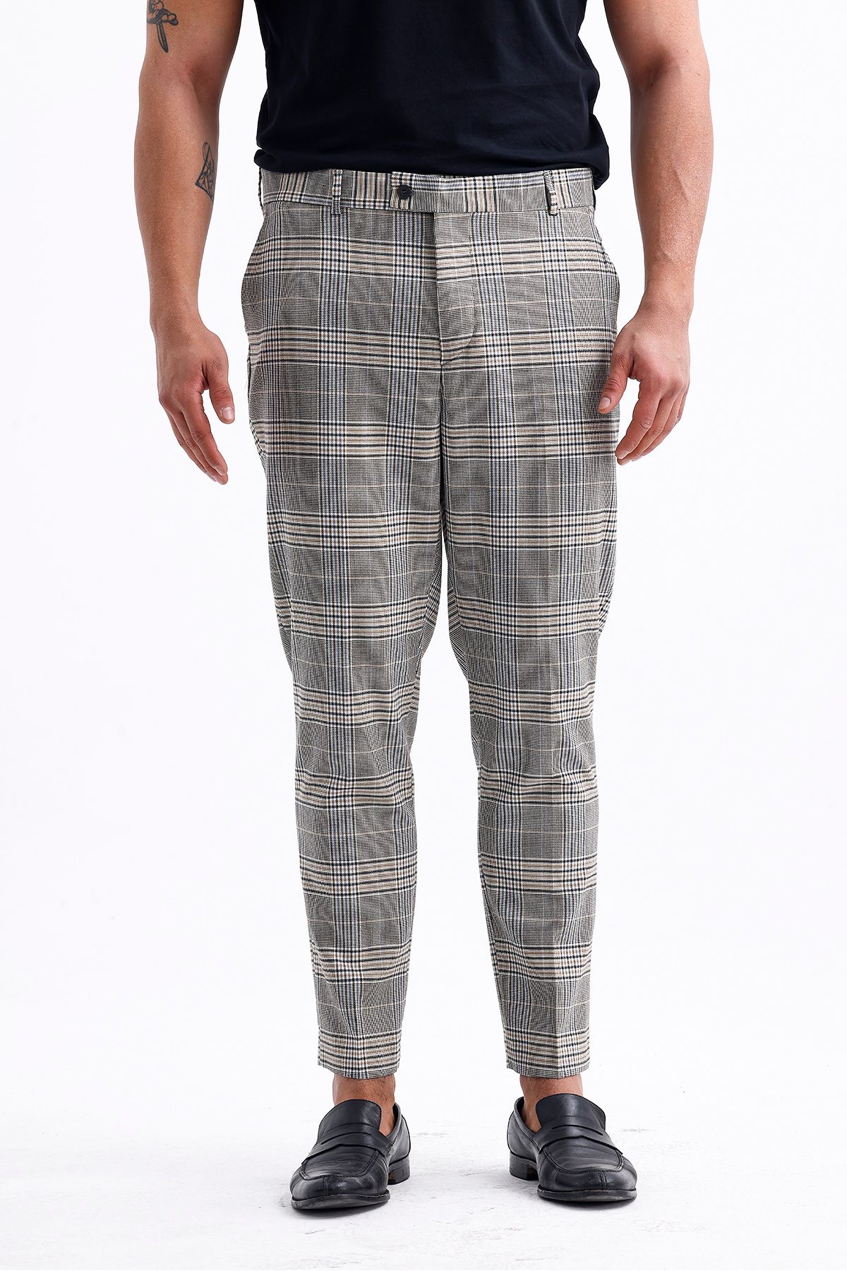 Koch London-Men's Oversize Pants - Grey and Beige Checked Pattern, Modern and Stylish Design 3