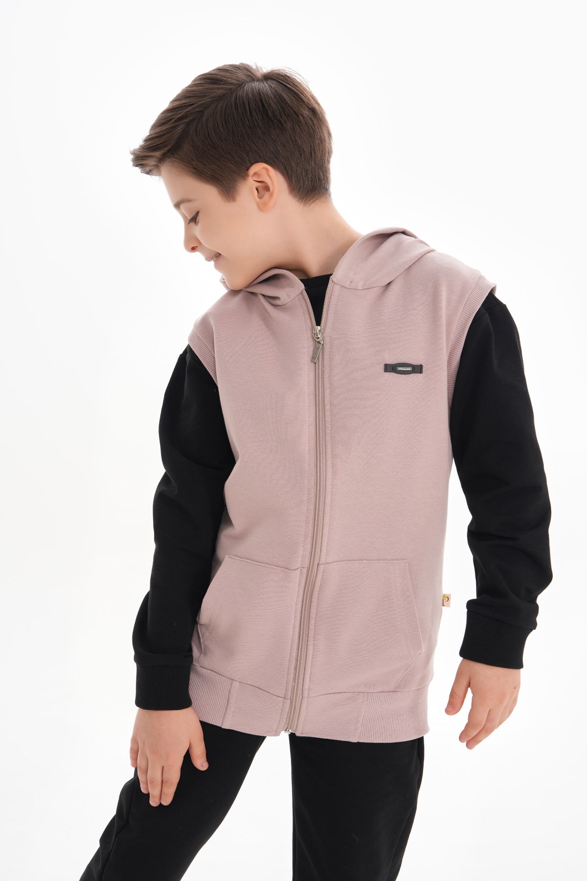 ROBA KIDS-Boys Girls, Cotton 2-Thread, Accessory Detailed, Ribbed Sleeve, Kangaroo Pocket, Hooded Vest Rb-0010 1