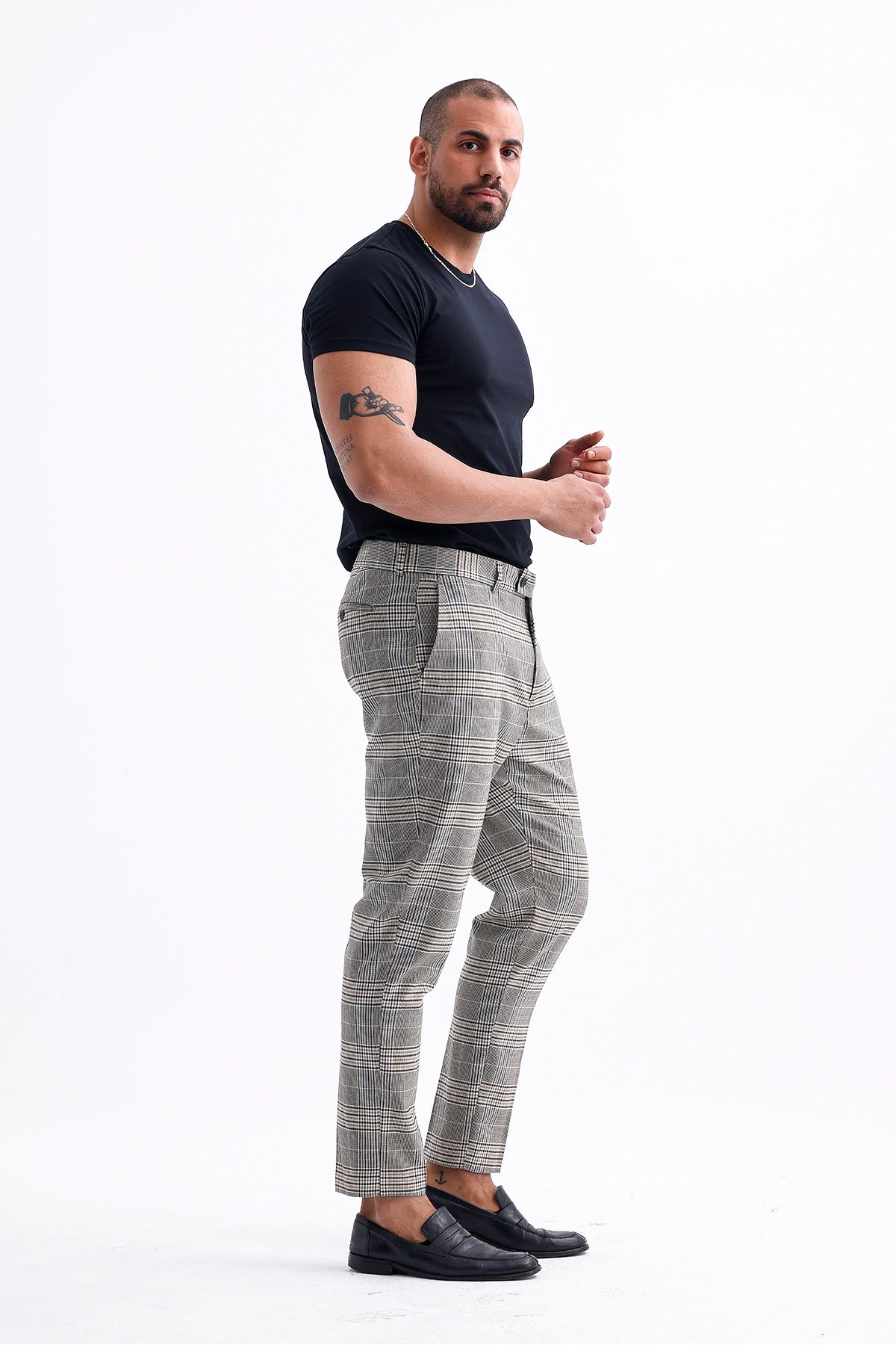 Koch London-Men's Oversize Pants - Grey and Beige Checked Pattern, Modern and Stylish Design 6