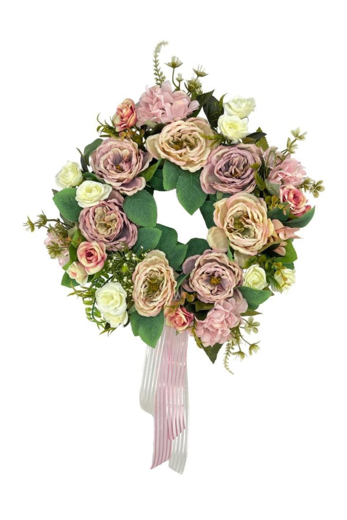 Nettenevime-Artificial Flower Door Ornament Pastel Pink Christmas Door Wreath with Peony Roses 1