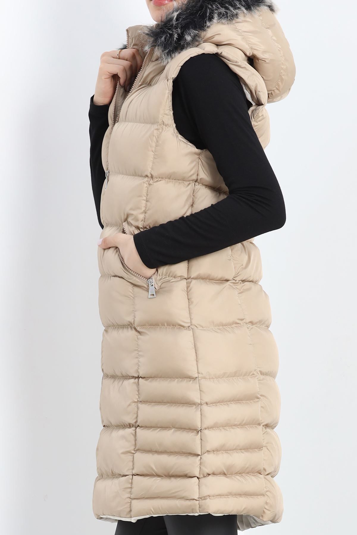 Nateli-Stone Colored Collar Sheepskin Inflatable Vest - 1363.1839 5