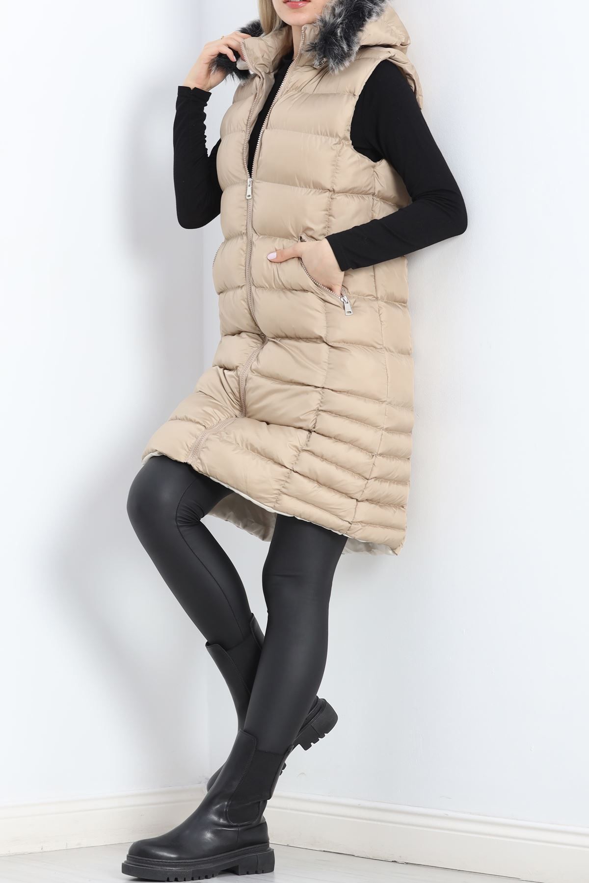 Nateli-Stone Colored Collar Sheepskin Inflatable Vest - 1363.1839 4