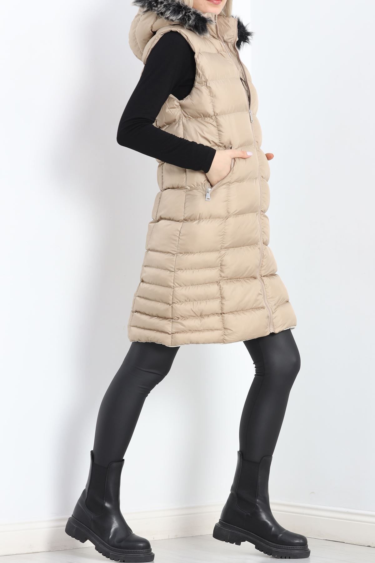 Nateli-Stone Colored Collar Sheepskin Inflatable Vest - 1363.1839 2