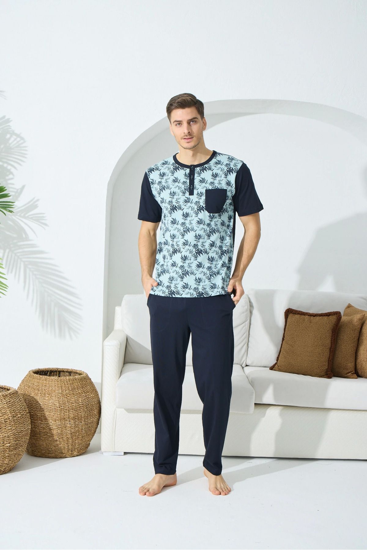 SMK Shop SMK Kocabey 9509 Erkek Yaka Reçme Kısa Kol Pijama Takım