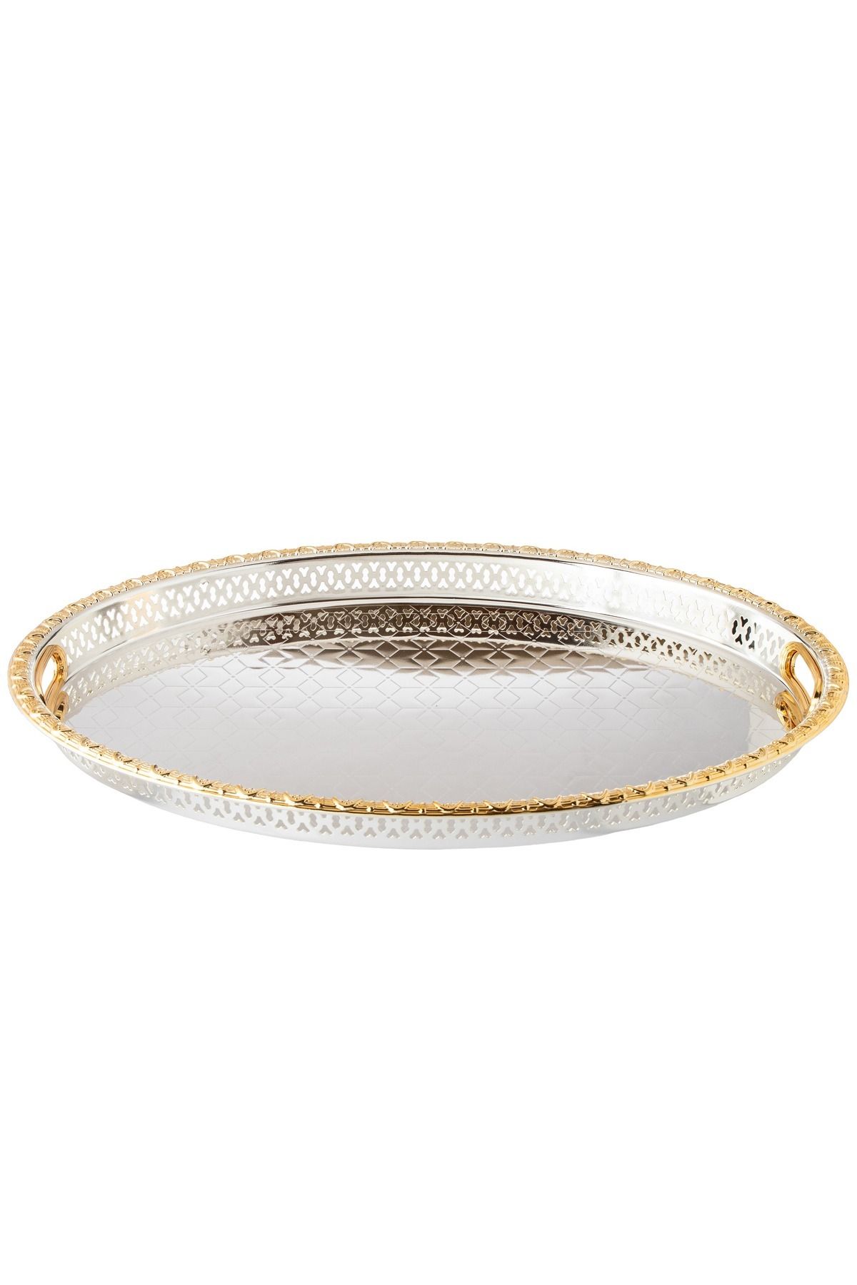 Bin Shihon-Silver Oval Tray With Golden Frame Inner Handles Made Of Metal And Stainless Lacquered 55x40 Cm 1