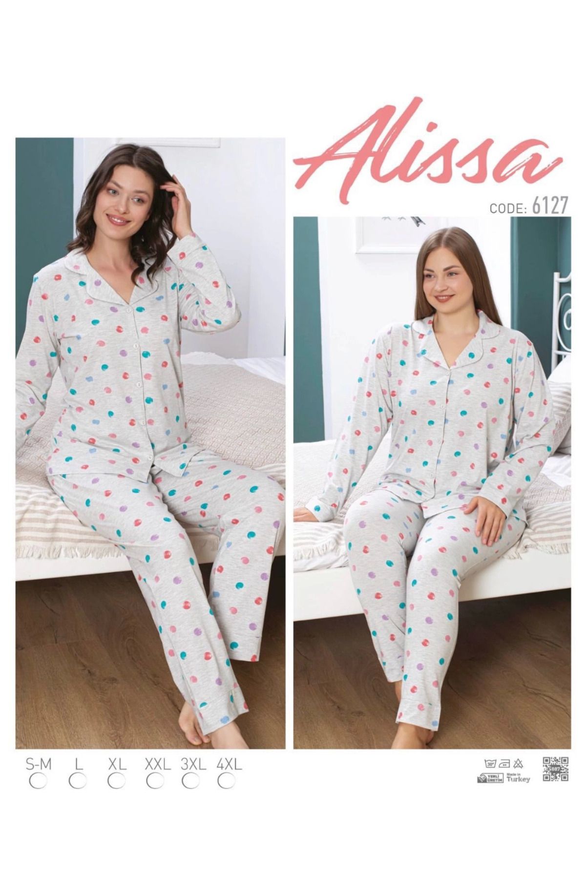 ZenWave BSMA Alissa 6127 Kadın Gri Puanlı Uzun Kol Patlı Pijama Takımı