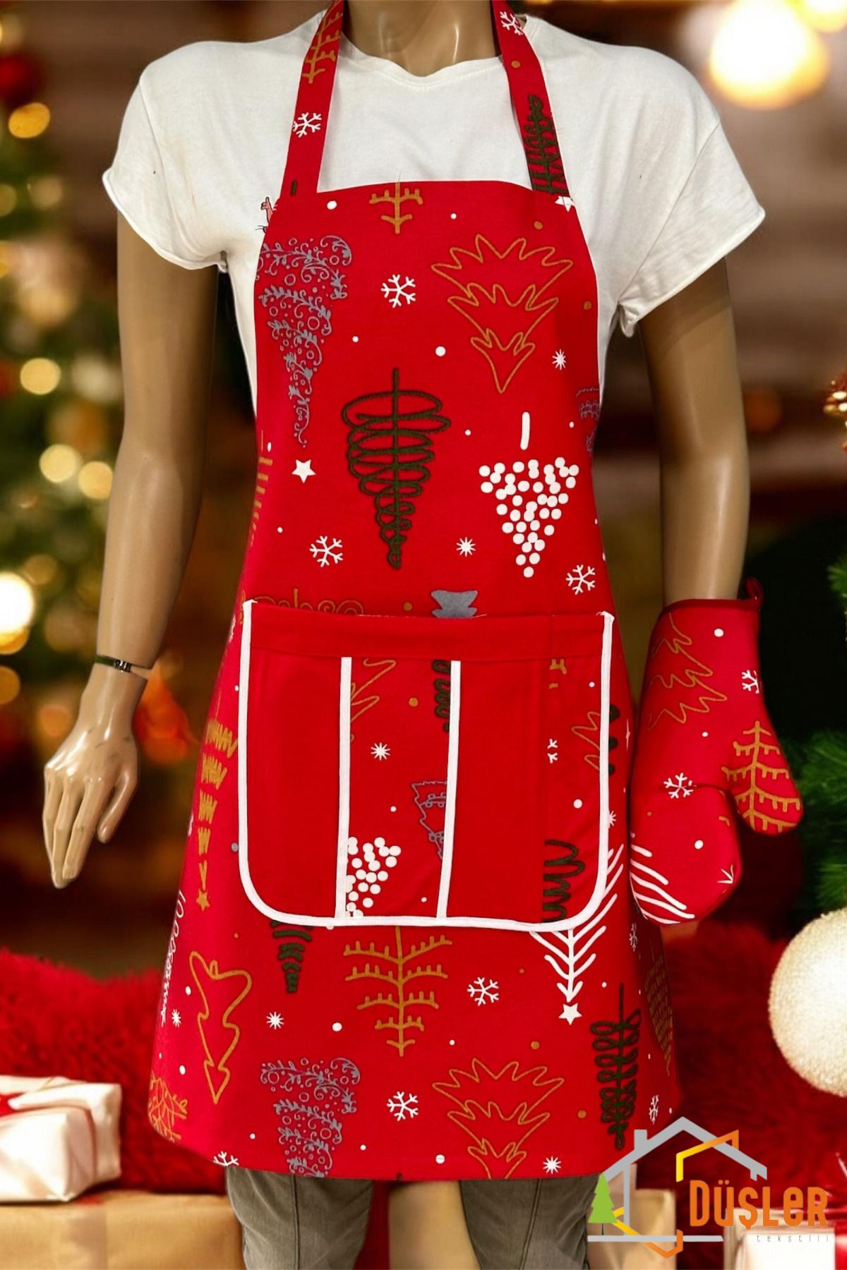 DÜŞLER EV TEKSTİLİ-Red Christmas Pine Patterned Kitchen Apron with Pockets 1