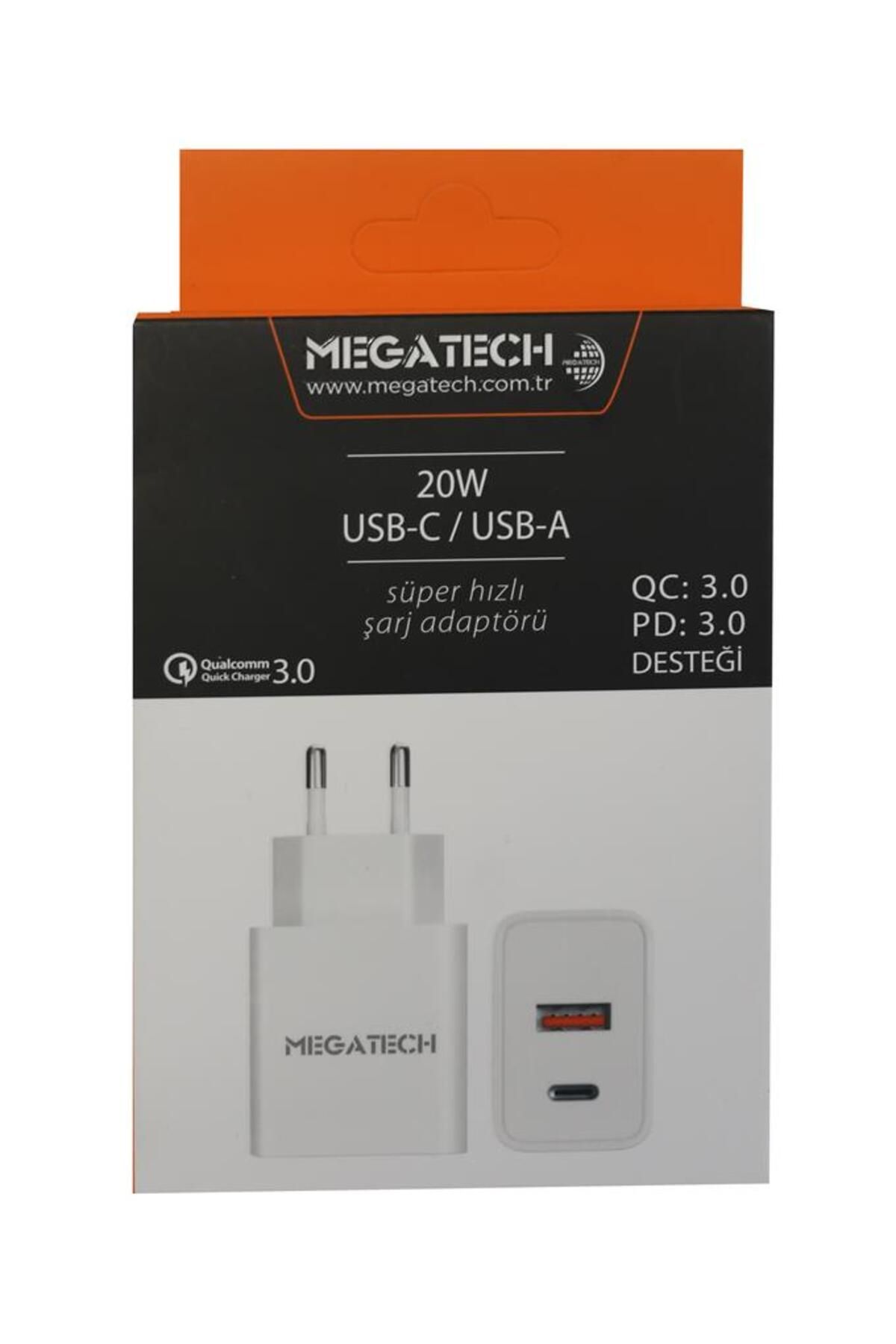 Vobotek Teknoloji Megatech 20w Beyaz USB-C USB-A Şarj Kafa QC:3.0-PD:3.0