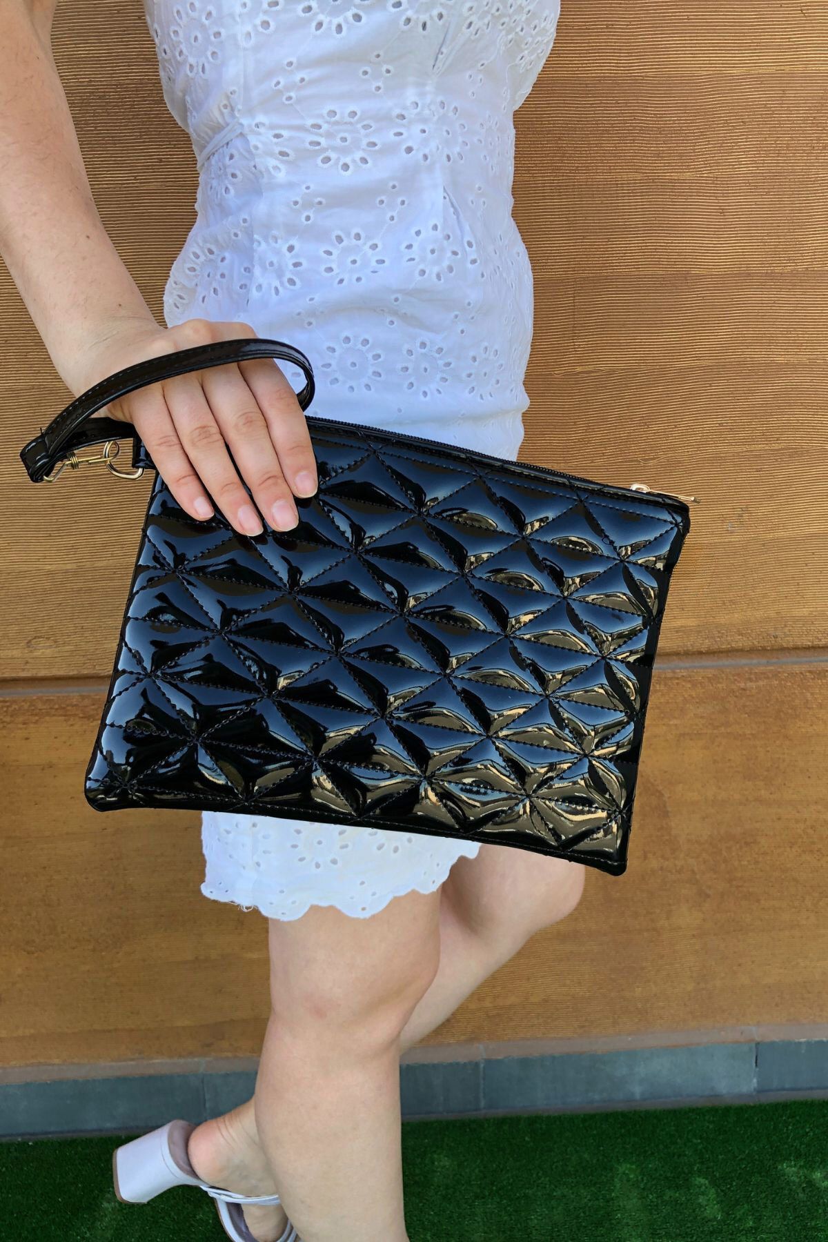 Bagfoni Siyah Rugan Üçgen Desenli Portföy Clutch El Çantası