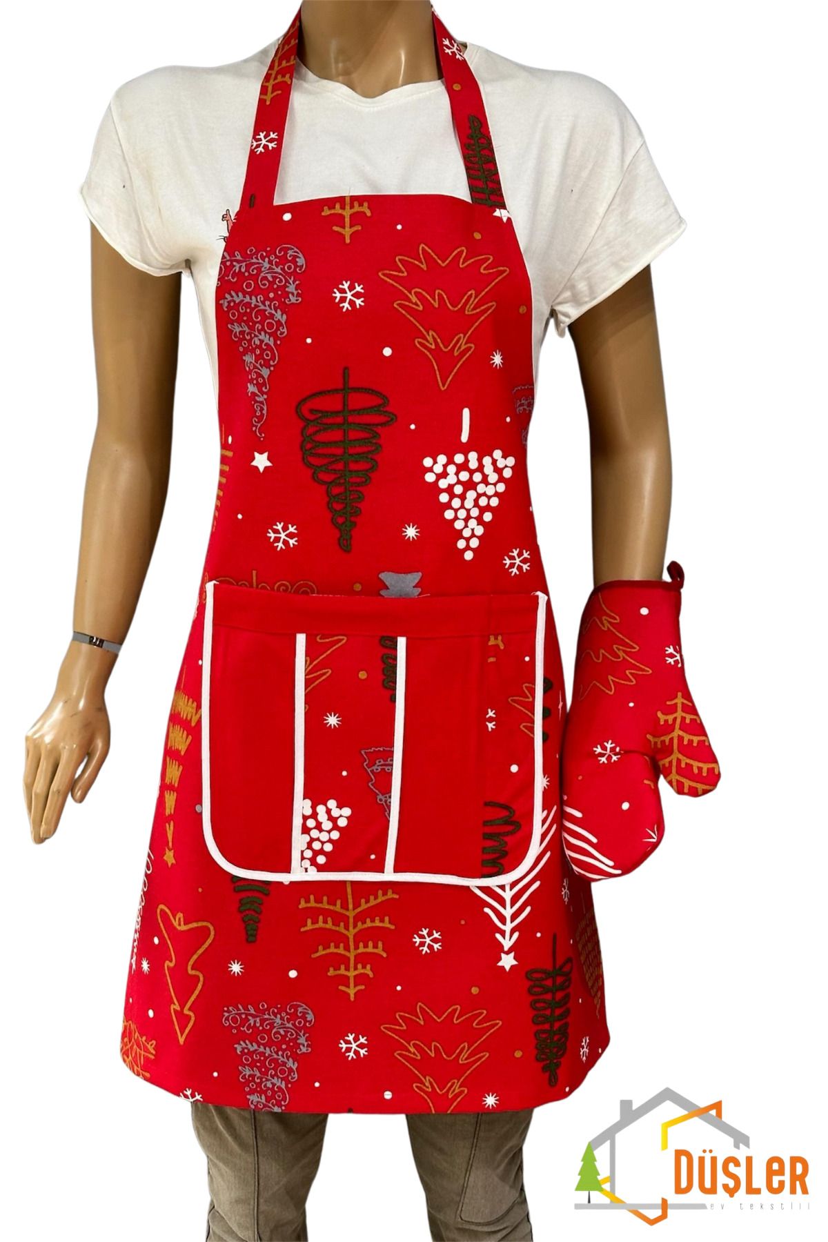 DÜŞLER EV TEKSTİLİ-Red Christmas Pine Patterned Kitchen Apron with Pockets 3