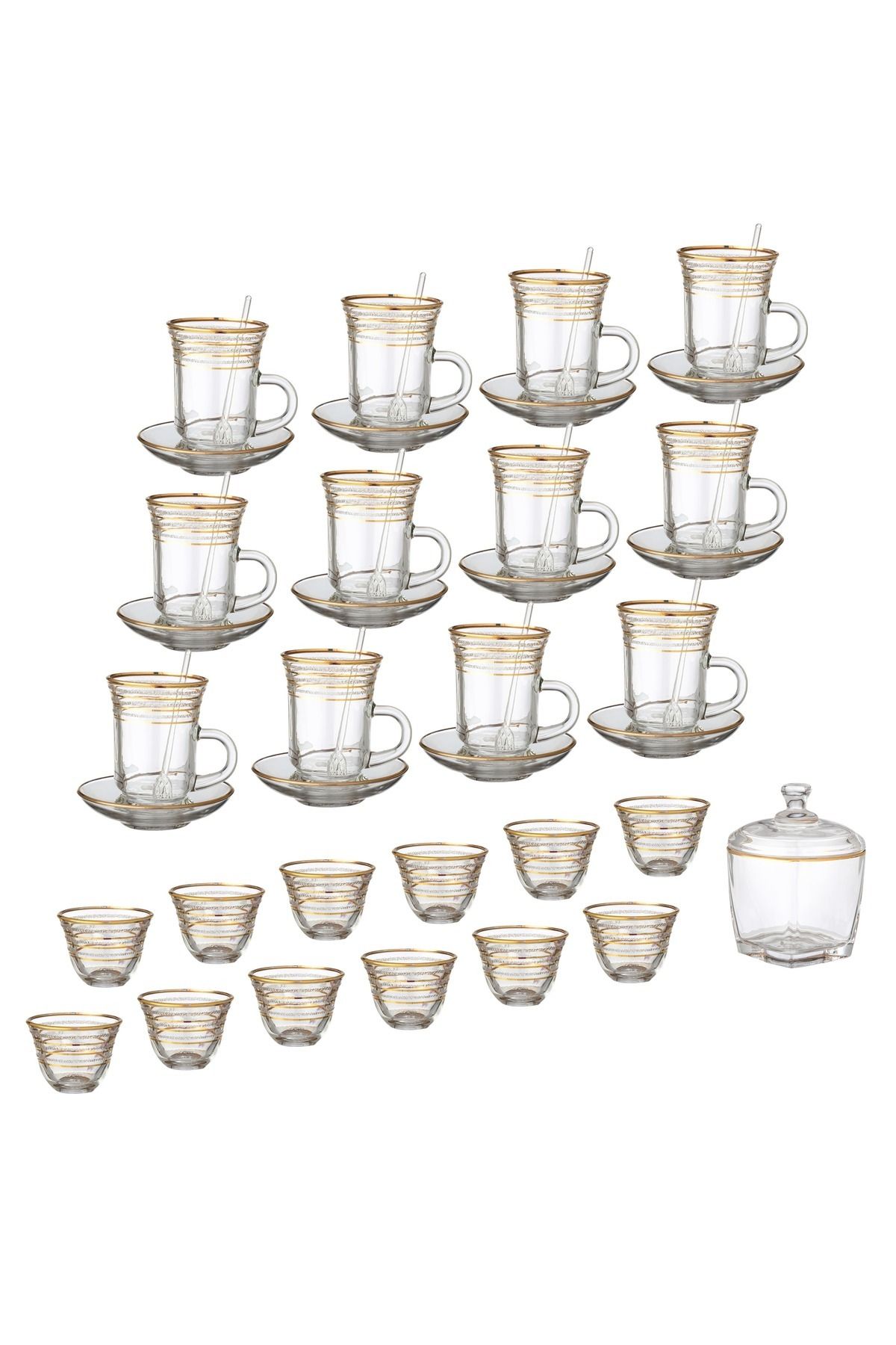 Dania-50 Pieces Tea & Coffee Set  Gold 12 Teapots 12 Tea Saucers 12 Arabic Coffee 12 Spoons Sugar Bowl 2