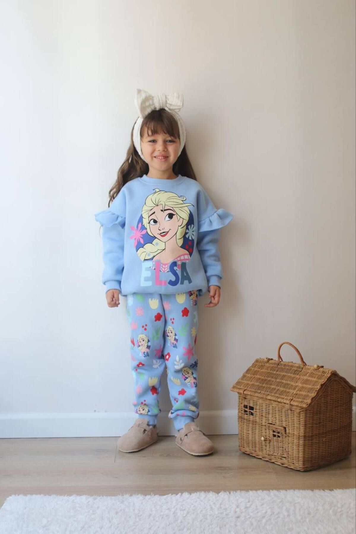 SACRO KİDS-طقم بناتي شتوي مطبوع عليه Elsa Tracksuit-Sweatshirt 3 Yarn Raised 1