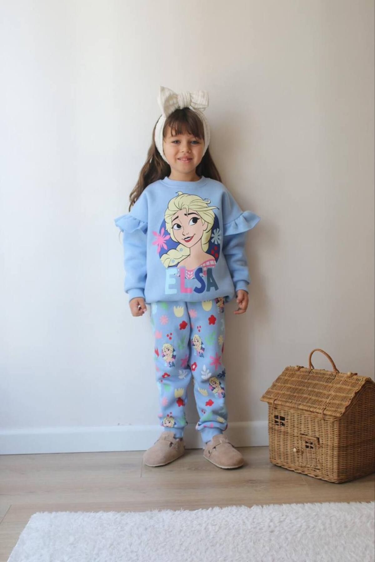 SACRO KİDS-طقم بناتي شتوي مطبوع عليه Elsa Tracksuit-Sweatshirt 3 Yarn Raised 3