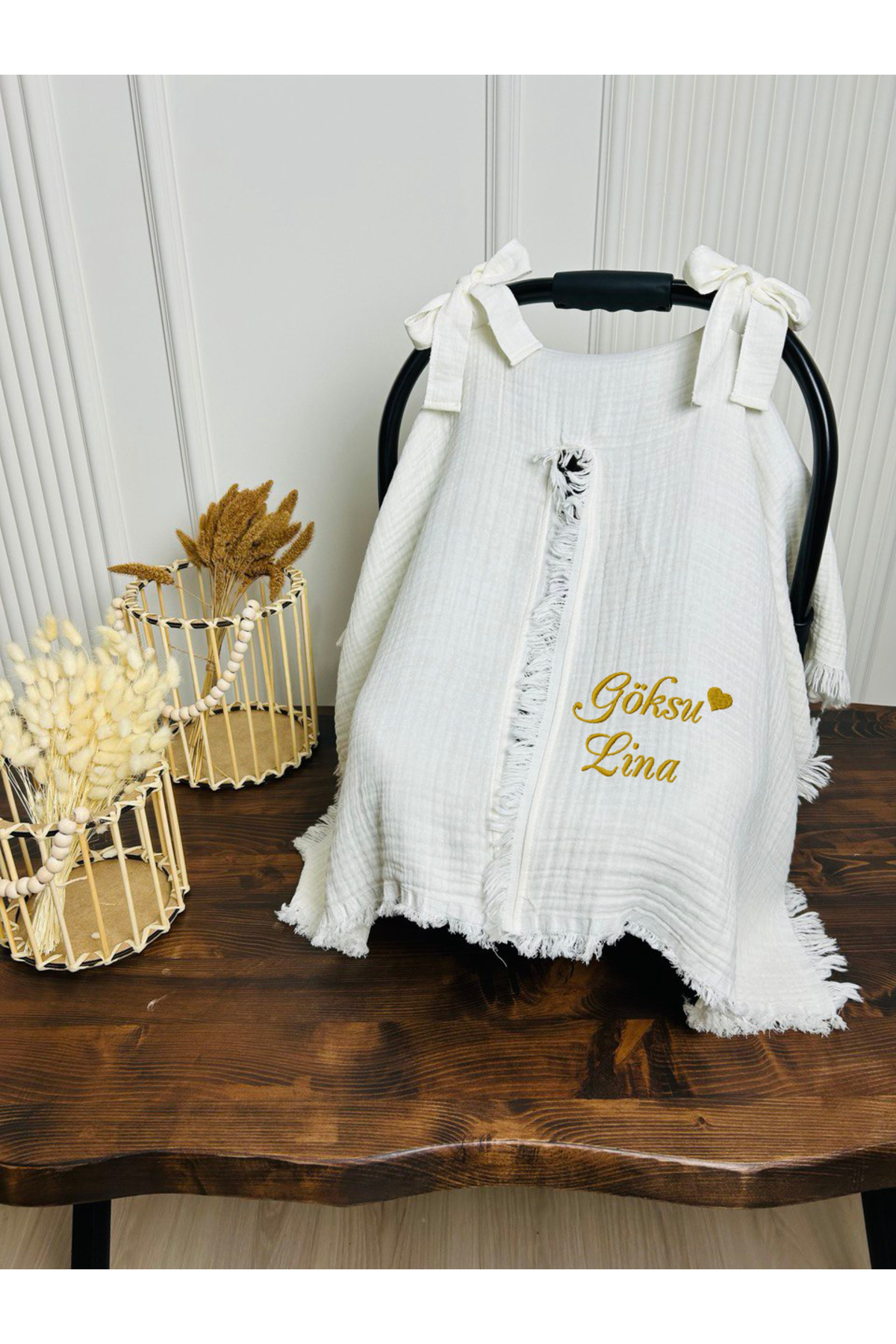 KARSU TASARIM 4 Katlı Müslin Puset Örtüsü İsimli Nakış İşleme %100 Pamuk fotoğrafı 3 (önizleme)