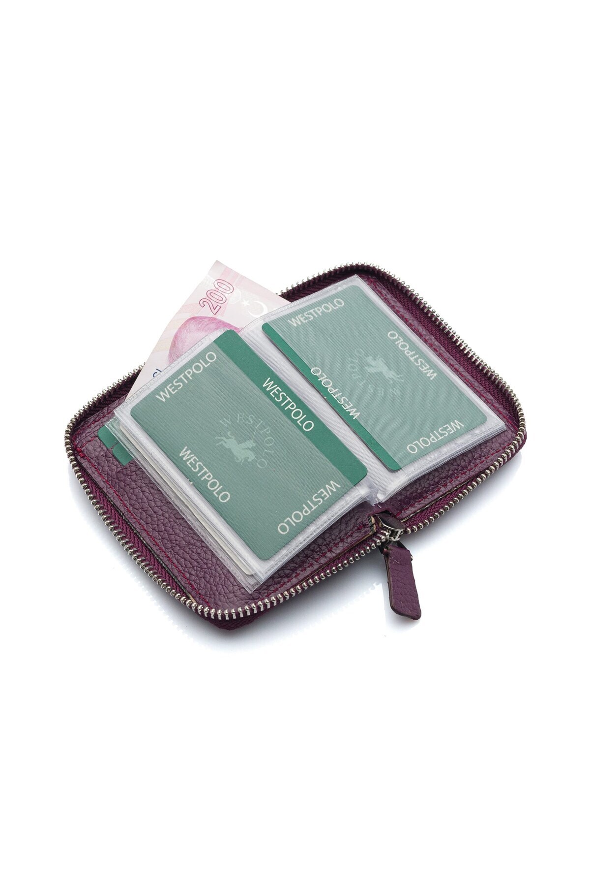 Westpolo Bol Kartlıklı Kağıt Para Bölmeli Fermuarlı Mürdüm Hakiki Deri Unisex Kartlık Cüzdan TRY502 görsel 2