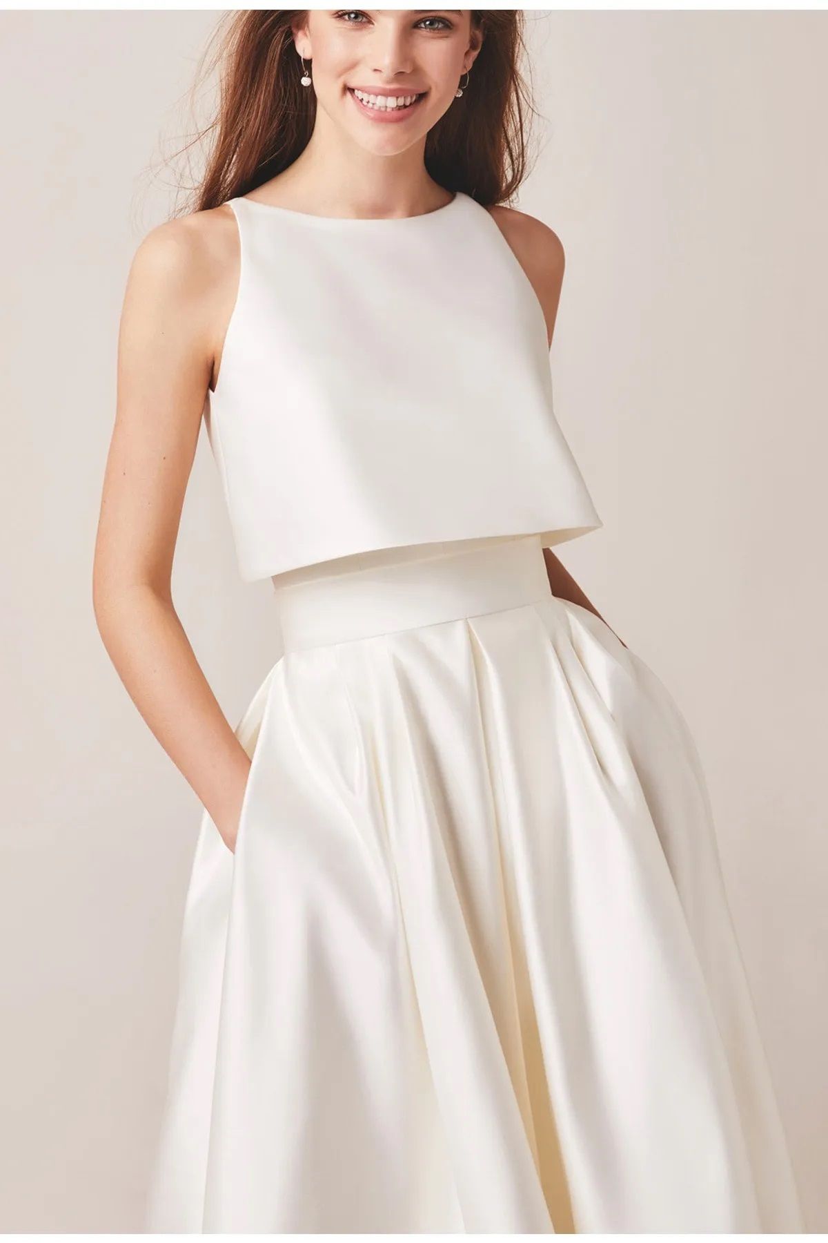 NSMLİFE-Women's Ekru Asymmetrical Pocket Minimalist Wedding Wedding Skirt Simple Stylish Satin Skirt 3