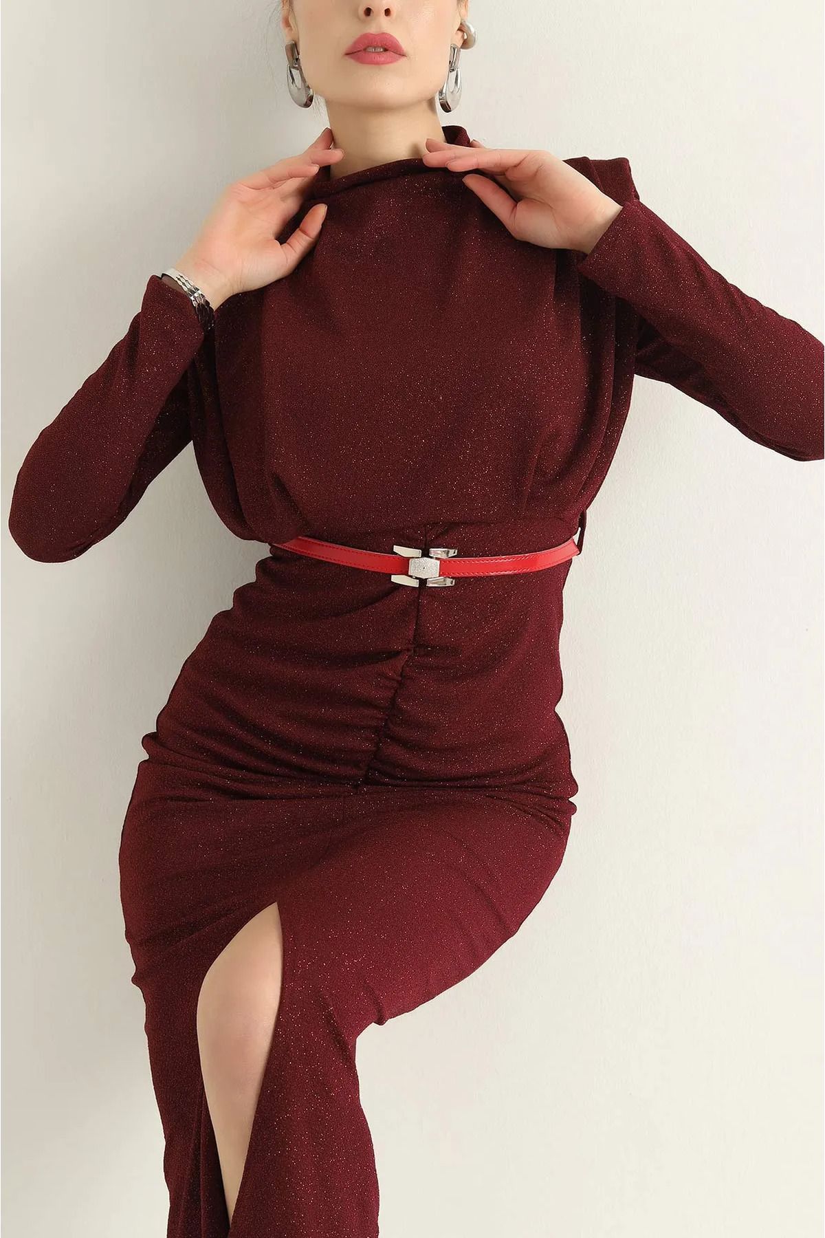 vuvutasarım-New Season Burgundy Lined Belted Glitter Fabric Evening Dress 3