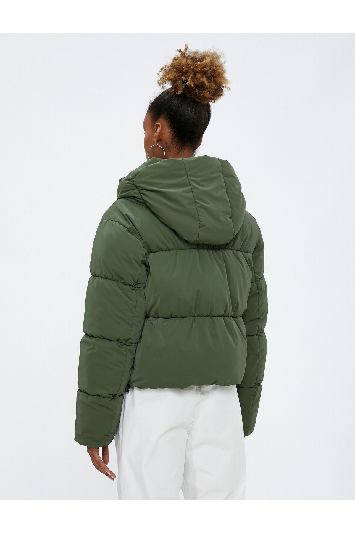 Koton-Short Puffer Jacket Oversize Quilted Hooded Zippered Pocket 4