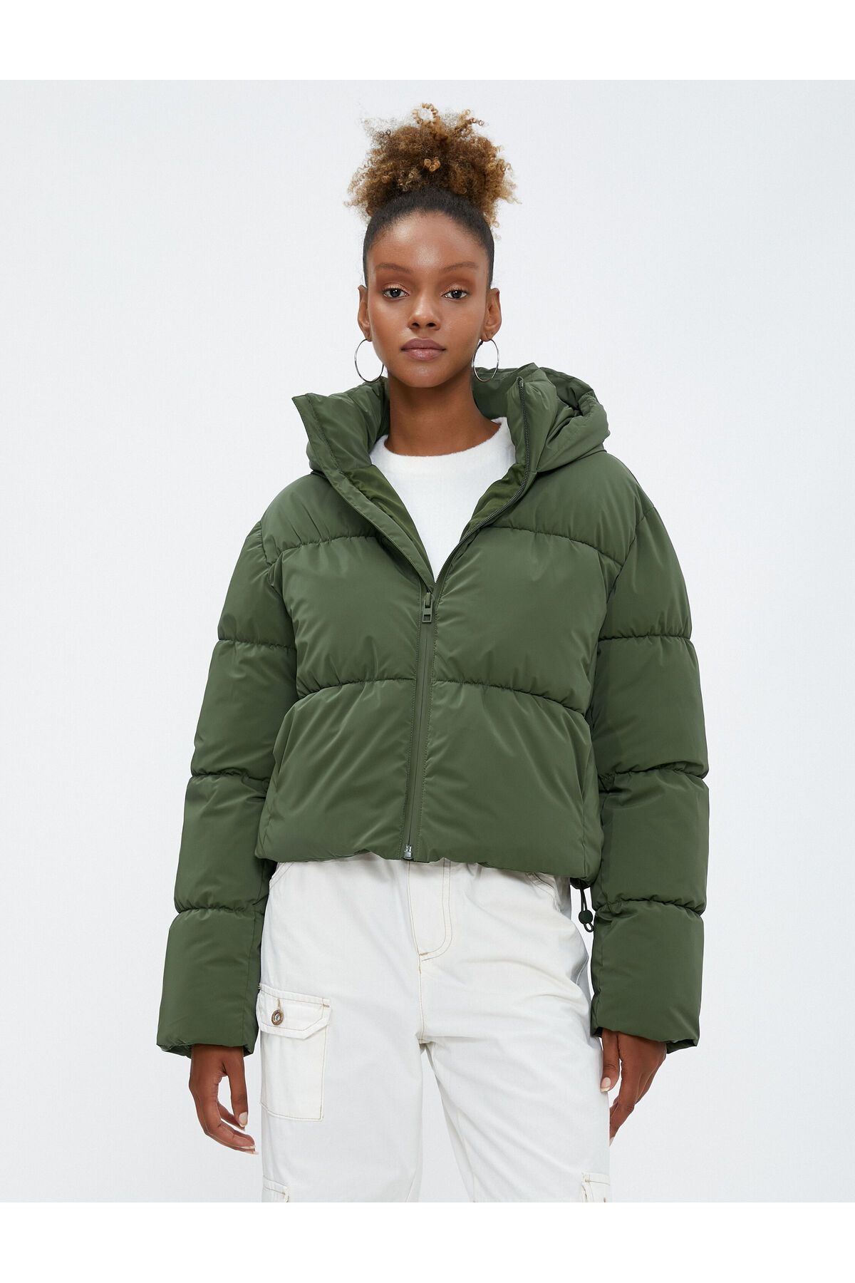 Koton-Short Puffer Jacket Oversize Quilted Hooded Zippered Pocket 3