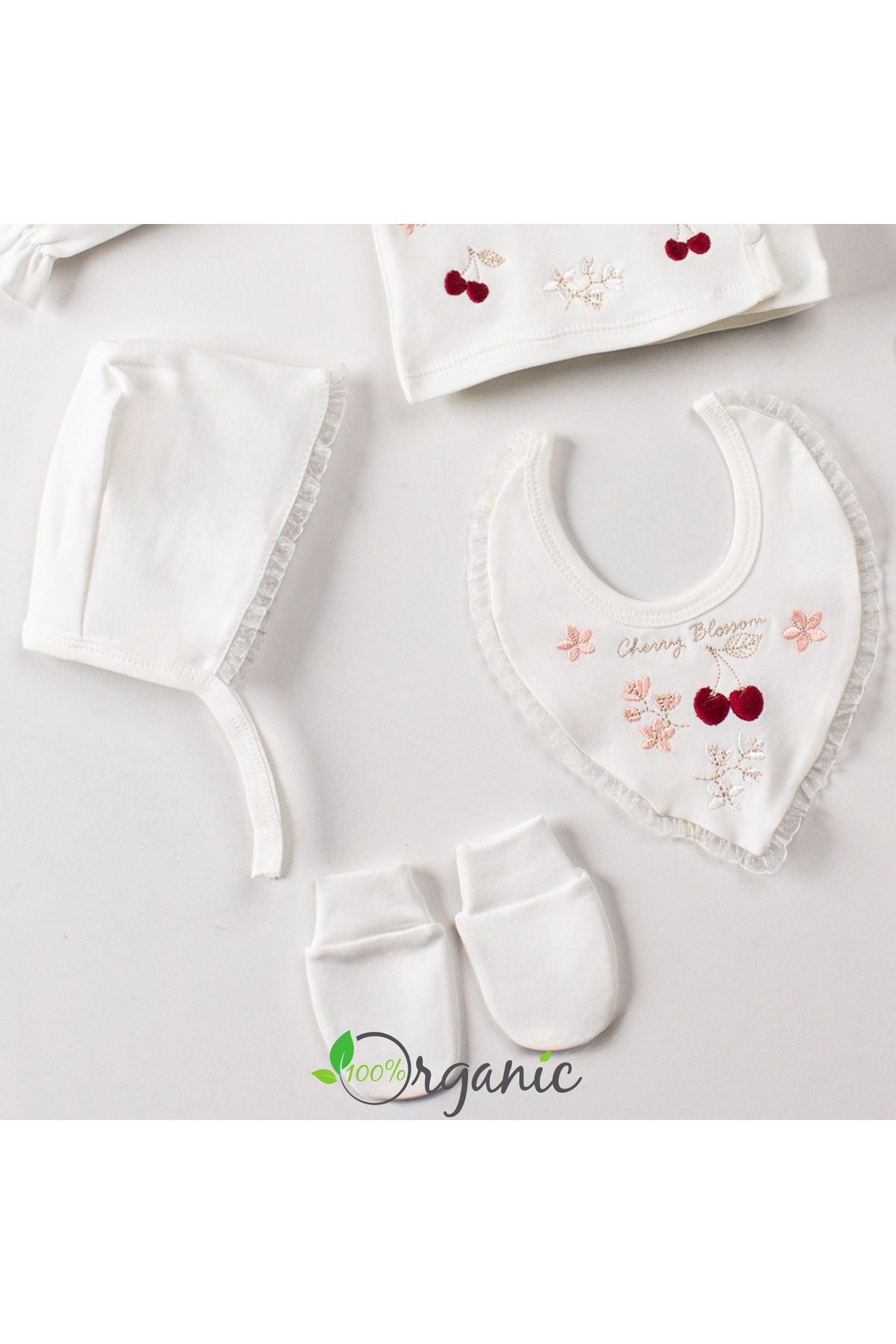 Miniel Kız Bebek Yeni Doğan Dantel Detaylı Kiraz Nakışlı Lora Şapkalı 5'li Hastane Çıkış Seti fotoğrafı 3 (önizleme)