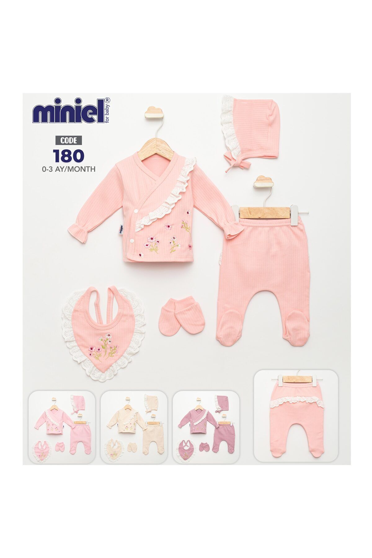 Miniel Kız Bebek Yeni Doğan Dantel Detaylı Lora Şapkalı 5'li Hastane Çıkış Seti fotoğrafı 6 (önizleme)