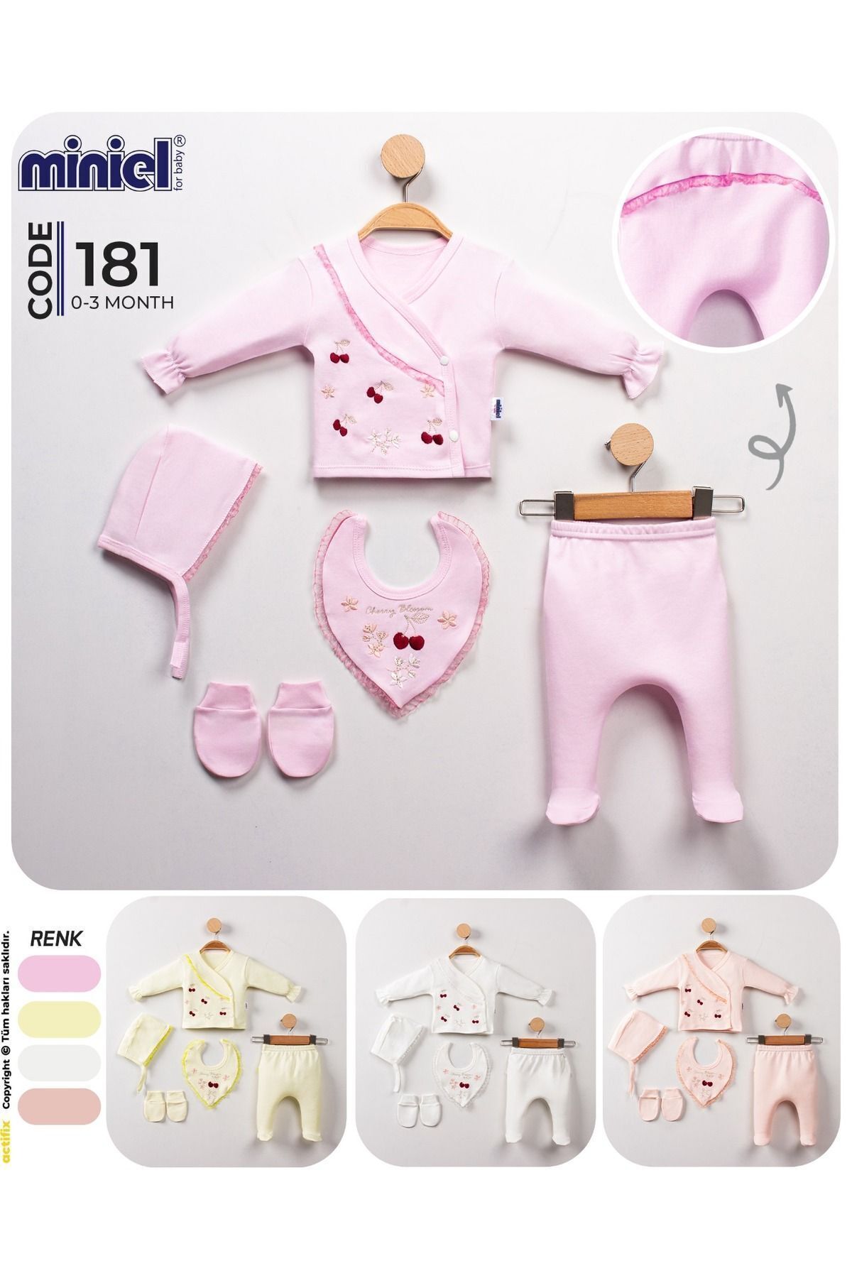 Miniel Kız Bebek Yeni Doğan Dantel Detaylı Kiraz Nakışlı Lora Şapkalı 5'li Hastane Çıkış Seti fotoğrafı 5 (önizleme)