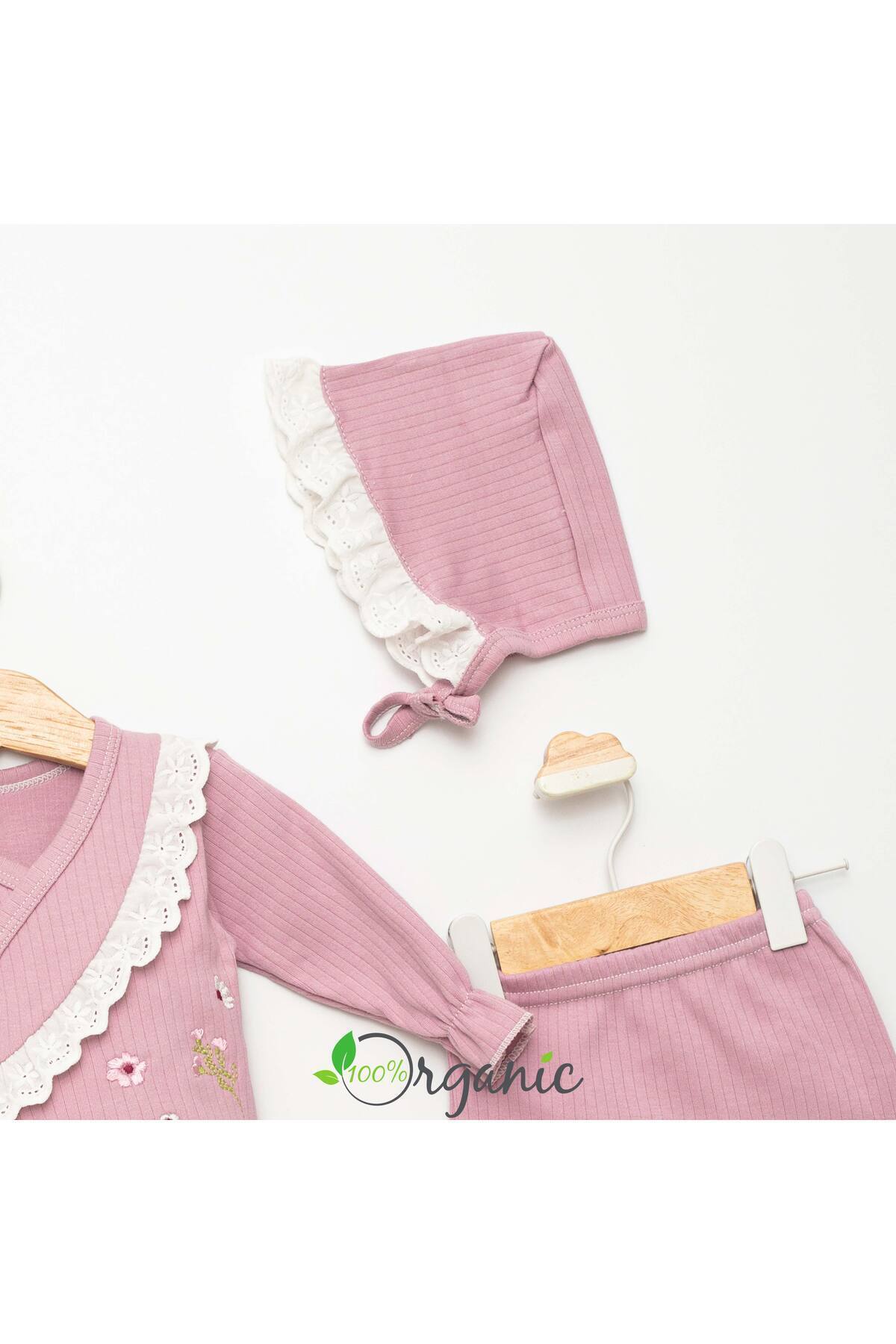 Miniel Kız Bebek Yeni Doğan Dantel Detaylı Lora Şapkalı 5'li Hastane Çıkış Seti fotoğrafı 3 (önizleme)